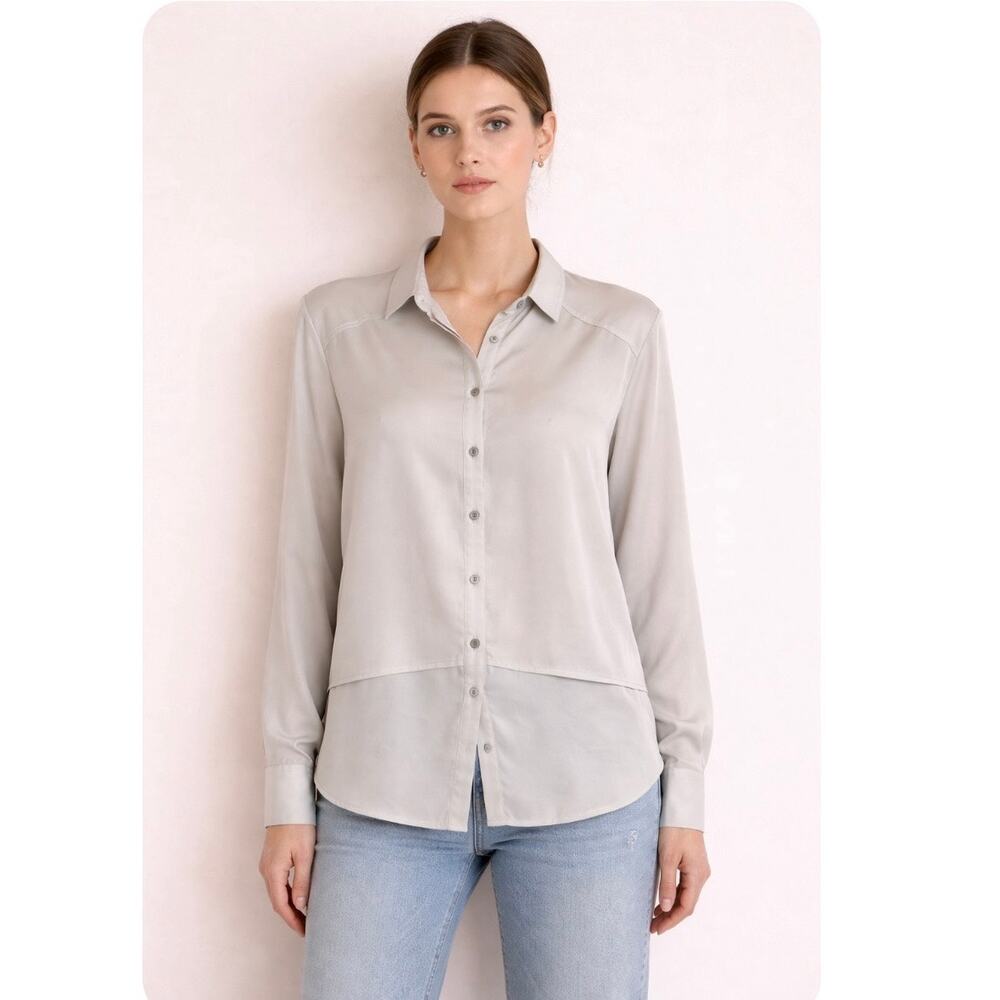 Poetry 100% Silk Gray Tiered Button Down Blouse 12 Effortless Minimalist Chic